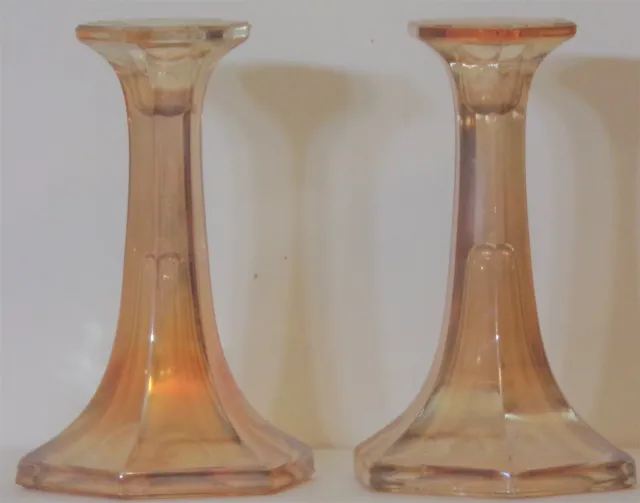 Pair of glass candle sticks - amber / champagne color - 7 inches high