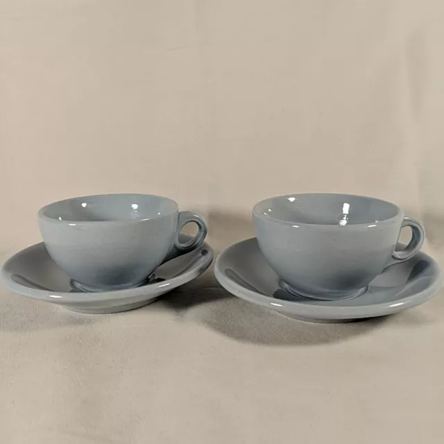 Buffalo China Lune Set of 2 Mugs and Saucers Plates Coffee H-11 Made in USA Blue