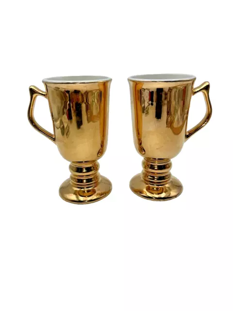 Hall Pottery # 1273 Gold Footed Pedestal Irish Coffee Mugs Cups set of 2