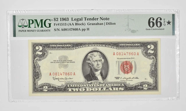 $2 1963 US Legal Tender Note Red Seal PMG 66 EPQ STAR Fr# 1513 (AA Block) *0947