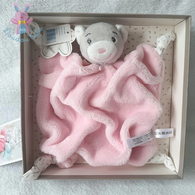 NEUF - Doudou plat Ours plume rose pâle gris attache tétine KALOO