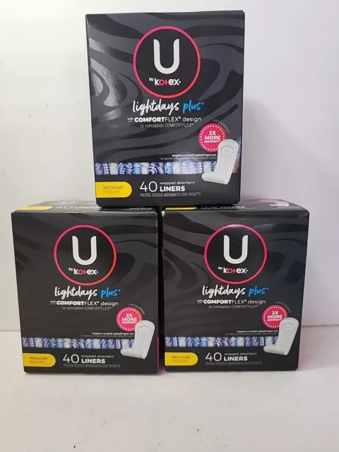 Lote de 3 revestimientos absorbentes envueltos U by Kotex Lightdays Plus regulares 40 quilates cada uno