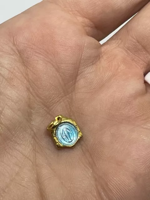 Vintage VIRGIN MARY Blue Enamel Religious Prayer Medal Pendant Tiny Mini 3/8" 3