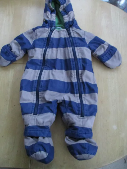 Baby Boden boys all in one pramsuit snowsuit blue grey stripes hood 0-3mths