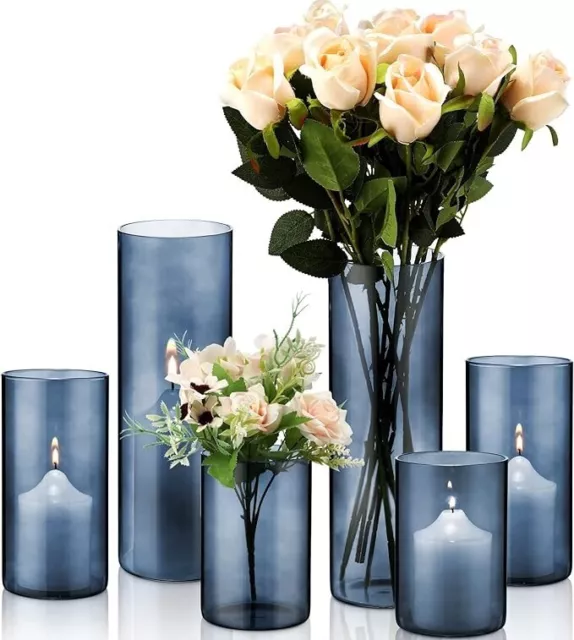 Blue Glass Cylinder Vases Hurricane Candle Holders Pillar Candle Holders Vase...