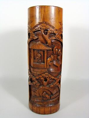 Huge Chinese Brush Pot Bitong, 19th C Handcarved Bamboo, H - 13.66 inches