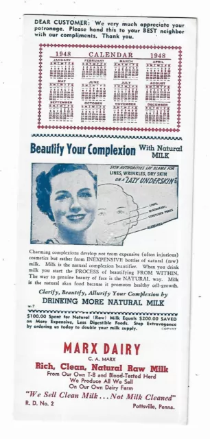 1948 Advertising Premium Blotter Marx Dairy Natural Raw Milk Pottsville PA TB