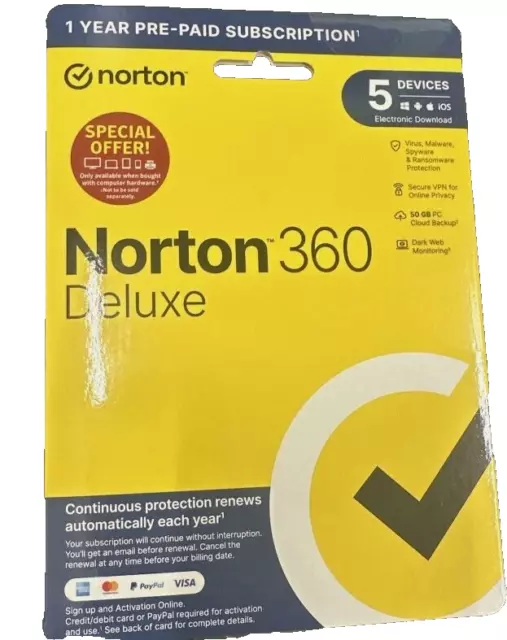 Norton 360 Deluxe Protection & Antivirus 5 Devices - 1 Year Subscription By Post