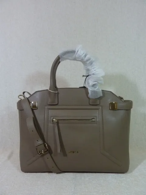 NWT FURLA Taupe Leather Medium Top Handle Alice Satchel Bag Made in Italy