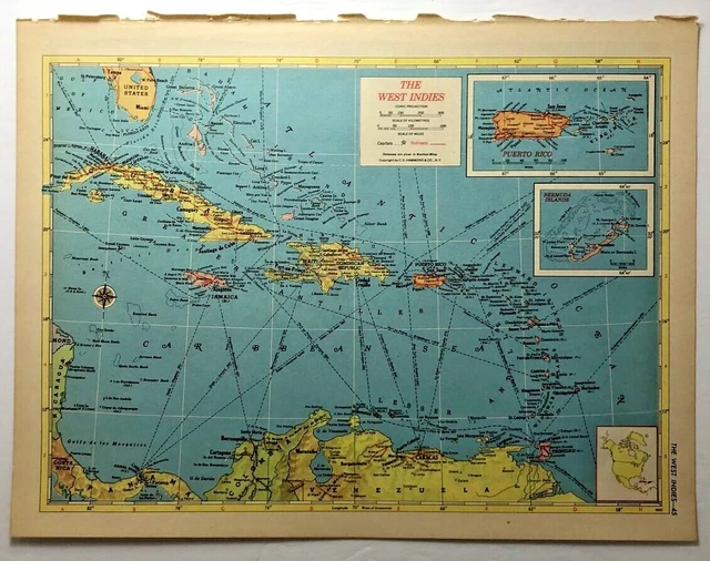 1950's Vintage WEST INDIES Antique Atlas Map - Hammond's New World Atlas
