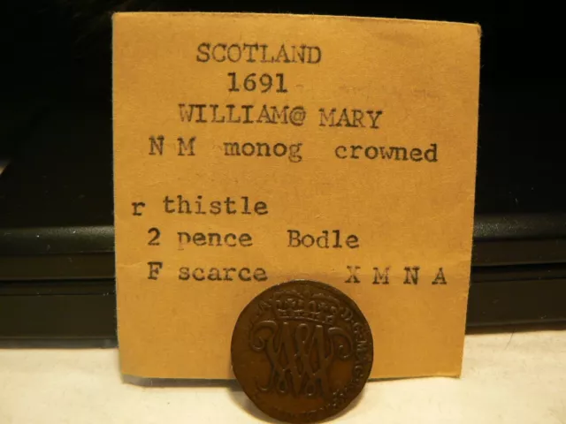 1691, Scotland, William & Mary “W”, “M” Monogram Crowned, 2 Pence Coin, Scarce,