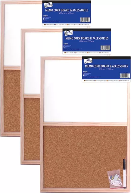 3 x Split Dry White Memo Board Cork Board 400 x 600mm for Home School Office UK