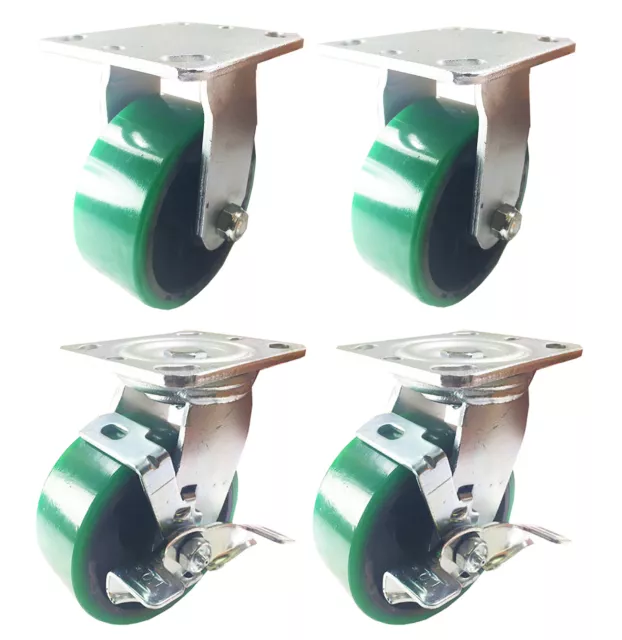 4 Heavy Duty Caster Set 4" 5" 6" Polyurethane on Cast Iron Wheels No Mark Green