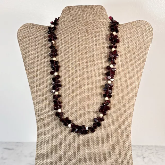 Stunning Teardrop  Pyrope Garnet White Jasper Bead Necklace Sterling Clasp 20” L