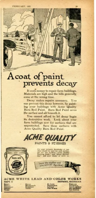 1921 Print Ad of ACME White Lead & Color Works Barn Red Paint