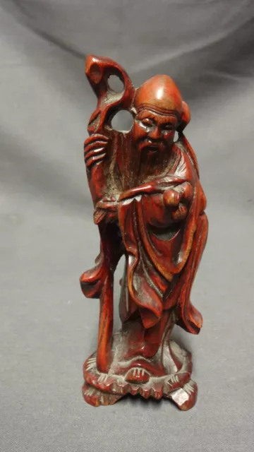 Antique 5" Chinese Root Wood Carving Of A Man Holding A Staff