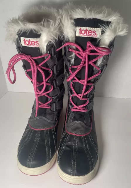 Totes Girls Size 4 Waterproof Boots Black W Pink Trim, White Faux Fur Lined