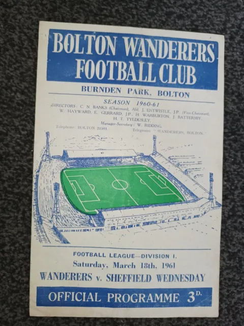 Bolton Wanderers v Sheffield Wednesday programme 1960/61. Springett Swan Megson