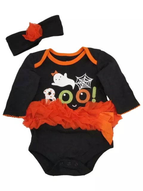 Infant Girls Halloween Orange & Black Ghost Boo Tulle Bodysuit w/ Headband