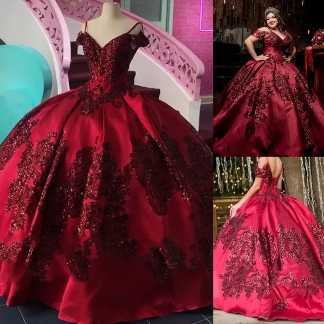 Red With Black Quinceanera Dresses Sweet 16 Organza Ruffles Appliques Ball  Gown