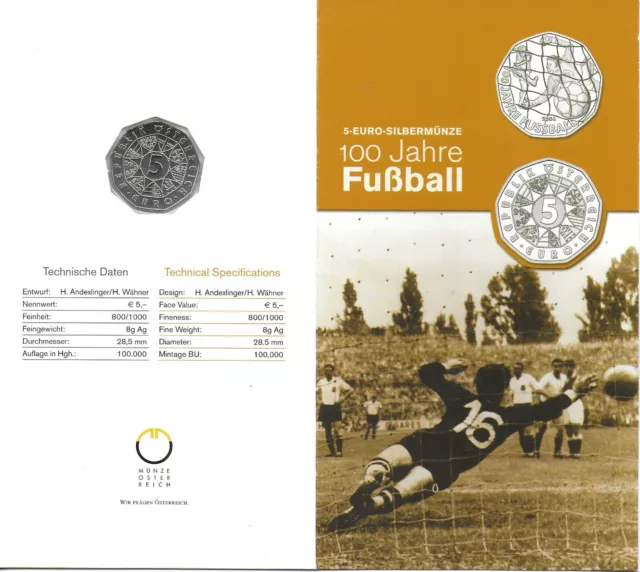 5 Euro Österreich 2004 "100 Jahre Fußball" Silber handgehoben