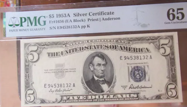 1953A $5 Silver Certificate Pmg Gem 65 Epq No Reserve Five Dollar Note