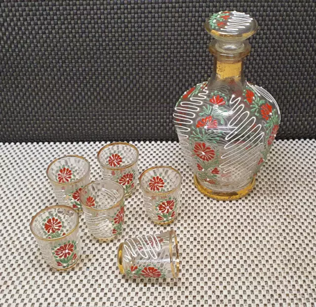 Antiguo Bonito Servicio Para Licor Jarra Vasos Cristal Monaco Monte Carlo Dorado