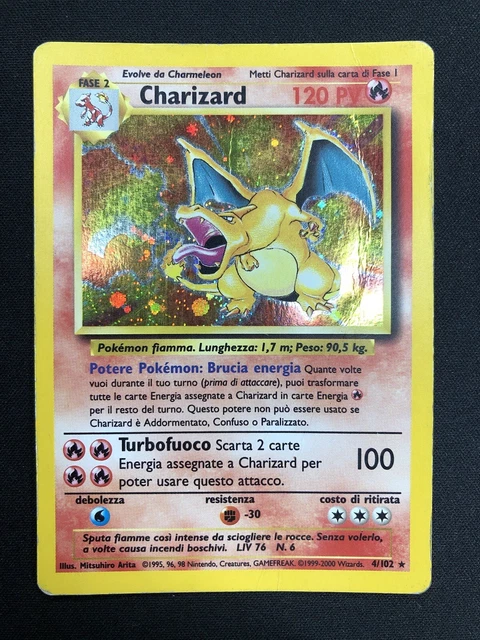 Pokemon Charizard 4/102 Set Base Rara Holo Unlimited Wizards ITA Carte Vintage
