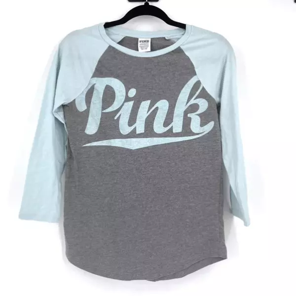 Victoria's Secret Gray & Baby Blue Long Sleeve Baseball Raglan Tee Size XS