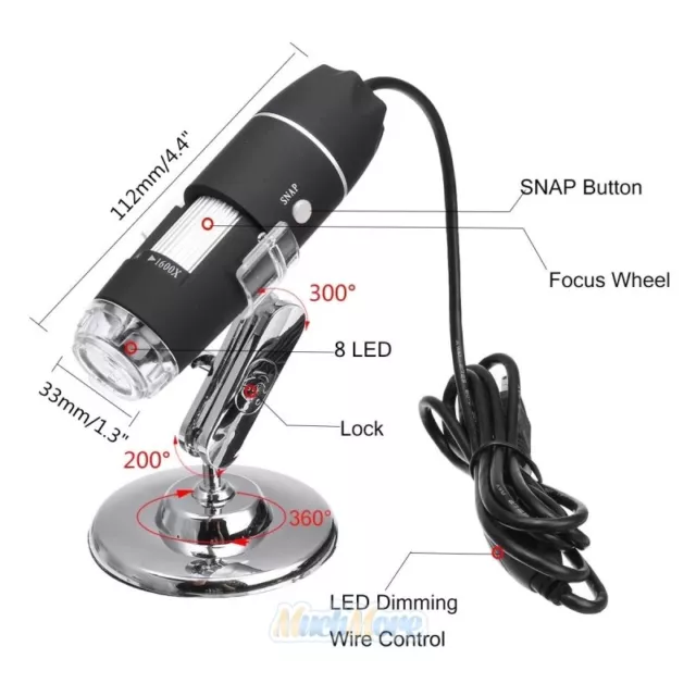 8 LED 500X 1000X 1600X 10 MP USB Microscopio Digital Lupa Endoscopio Cámara HD 3