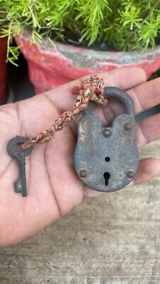 Collectible Vintage Old Iron Forged Padlock With Key Good Working Condition Lock