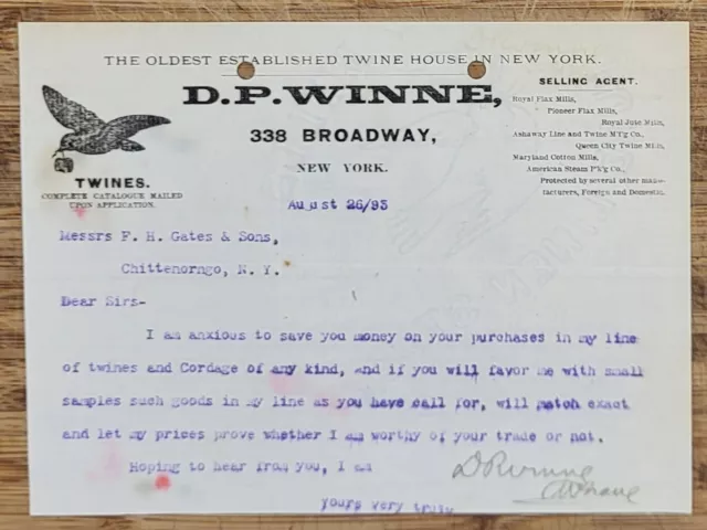 1893 Letterhead New York City DP Winne Twine House