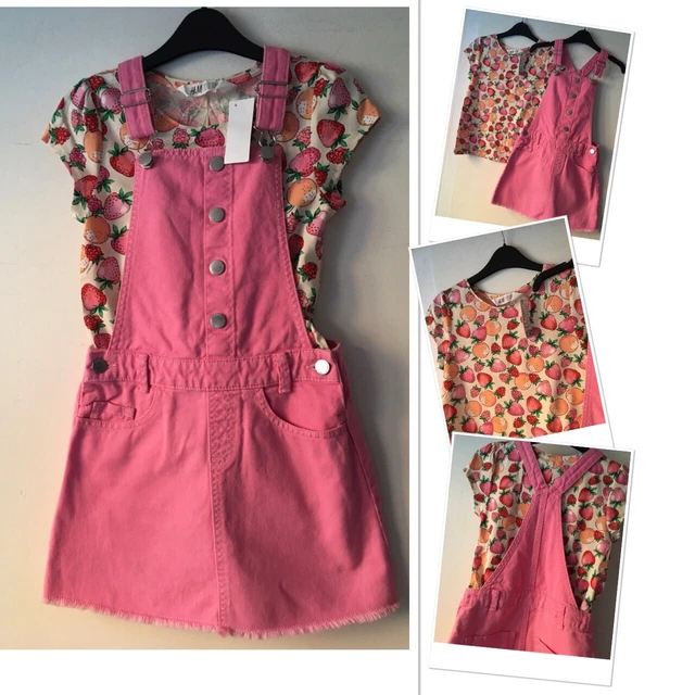 F&F girls pink dungarees dress exc u & new tags H&M strawberry top 7-8 years