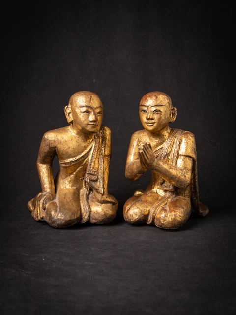Antique pair of wooden Burmese Monk statues from Burma, 19th century