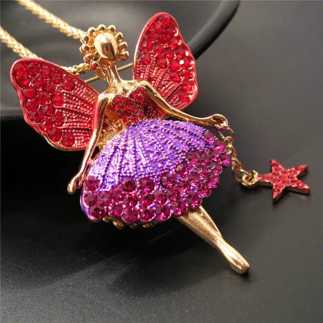 Fashion Women Red Pink Star Crystal Ballet Girl Fairy Angel Wing Long Necklace