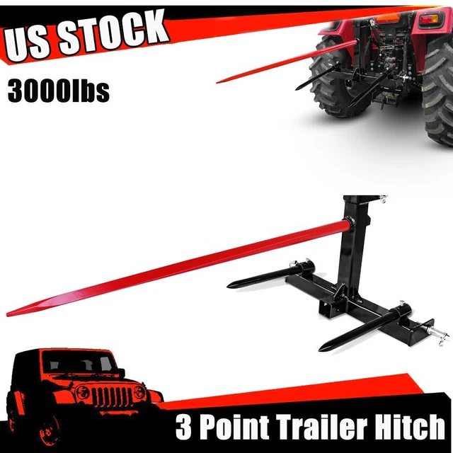 49” Hay Bale Spear 3 Point Trailer Hitch with 2" Receiver for Category 1 Tractor