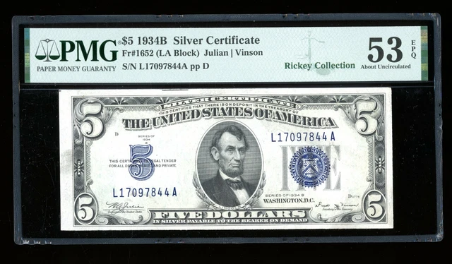 DBR 1934-B $5 Silver Fr. 1652 Vinson LA Block PMG 53 EPQ Serial L17097844A