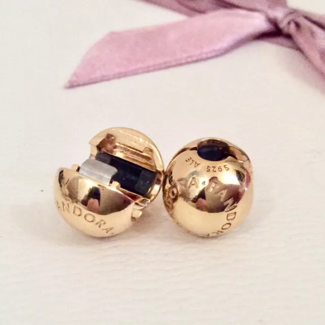 2x Genuine Pandora Shine 18ct Yellow Gold Plated Signature Logo Clip Charms