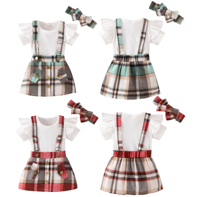 Baby Girls Outfits Ribbed Short Sleeve Romper Tops + Plaid Suspender Skirt Sets