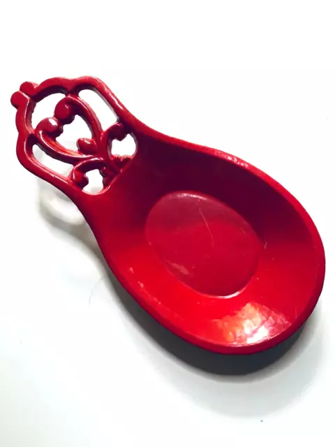 Vintage Cast Iron Spoon Rest . Red Heart design,  Red Enamel