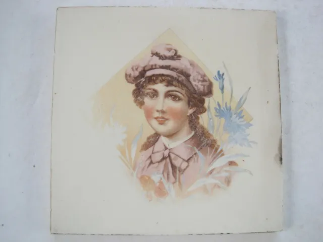 Antique Victorian Girl Colour Transfer Print Wall Tile C1890