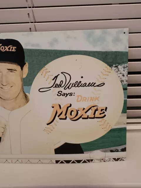 VINTAGE Ted Williams "DRINK MOXIE" Tin Sign RED SOX Baseball Color faded 1990 3