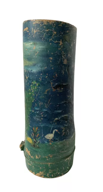 Vintage Asian Bamboo Brush Pot Vase Folk Art Nouveau Painted Crane Moon Scene