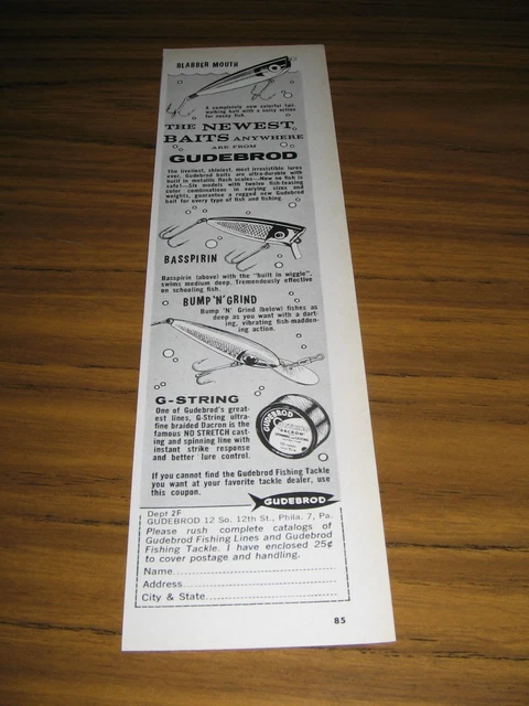 1964 Print Ad Gudebrod Fishing Lures Basspirin,Bump 'N' Grind Philadelphia,PA