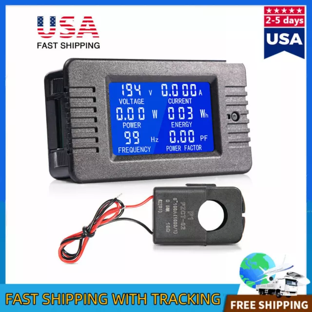 AC 100A Digital Amp Volt Power KWh Watt Hz Meter Voltmeter Ammeter Open Close CT