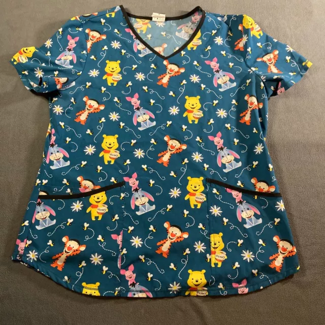 Disney Winnie The Pooh Shirt Women Medium Blue Scrub Top Tigger Piglet Eeyore