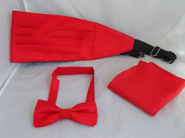 Exclusive <GG> RED Mens pre-tied Polyester Bow tie + Cummerbund and Hankie Set