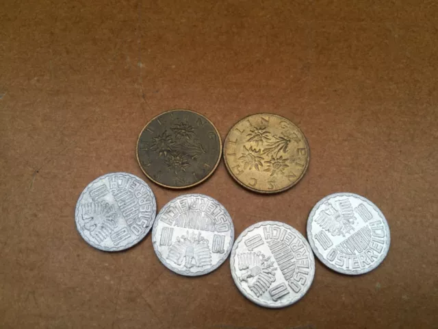 6 Pre-Euro Austrian Coins, 1 Schilling, 10 Groschen
