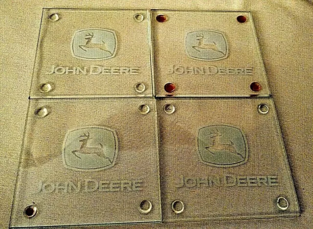 John Deere Coaster Set 4 Pc Glass Square Etched 2 Legged Deer Logo Rubber Feet.