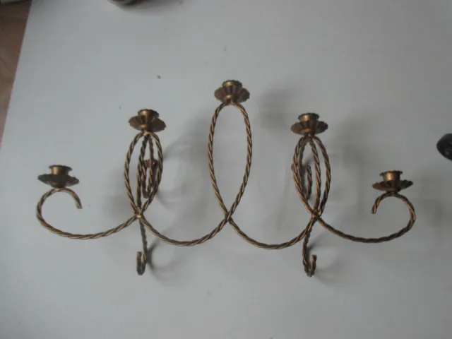 Vintage Home Interiors gold Metal twisted rope Wall sconce 5 arm candleholder